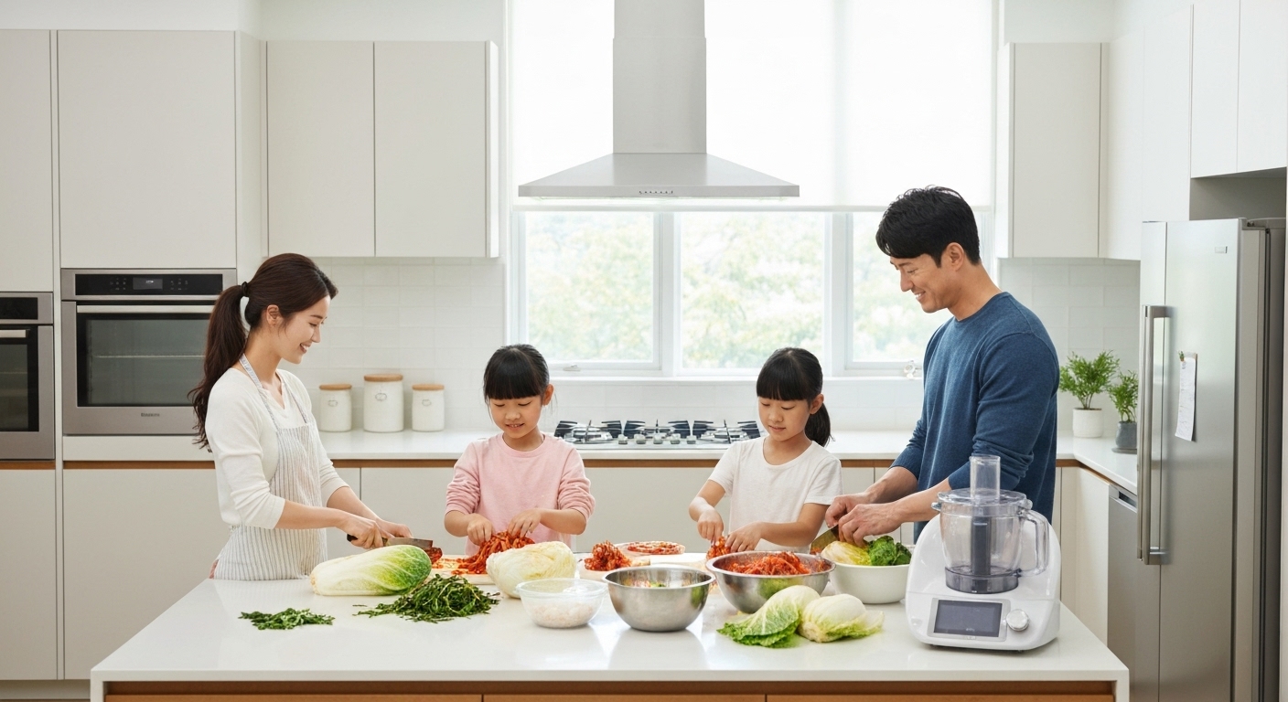 바쁜 현대인이 절임배추로 쉽고 빠르게 김장을 하는 모습.
