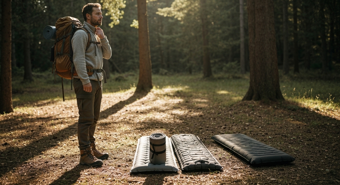 캠핑 스타일에 따라 에어매트와 자충매트 중 하나를 선택하는 캠퍼의 모습