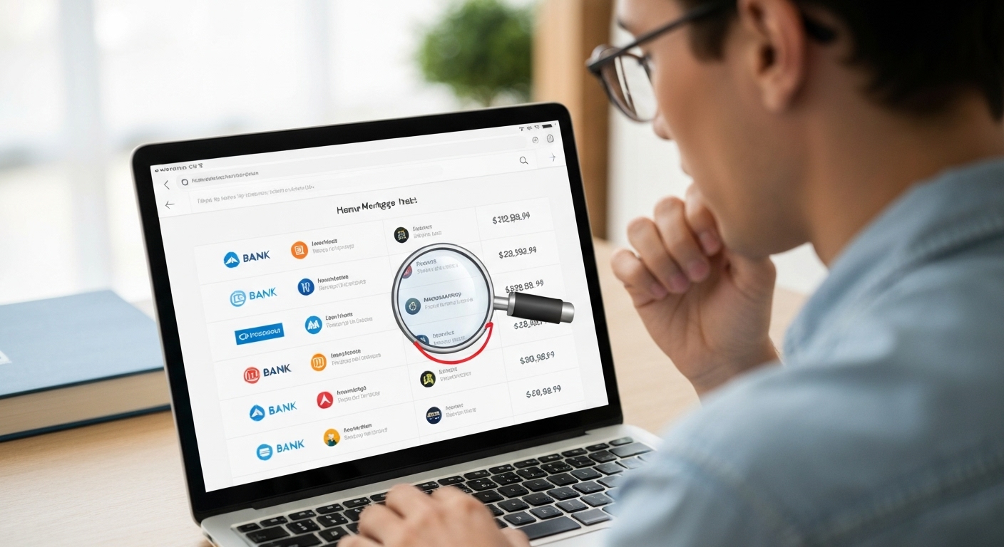 노트북이나 스마트폰으로 여러 은행의 주택담보대출 금리를 비교하고 있는 사람의 모습