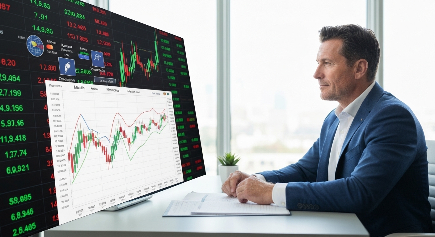 다양한 투자 자산을 분산 투자하며 합리적인 결정을 내리는 차분한 투자자의 모습