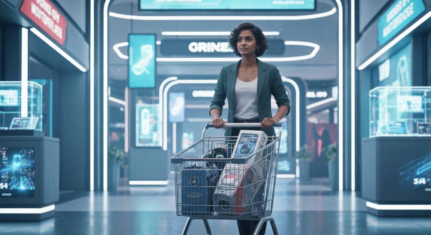 미래 지향적인 디스플레이에 놓인 여러 AR 글래스 중 하나를 선택하기 위해 손을 뻗는 모습, AR 기술의 미래와 선택의 순간을 상징함