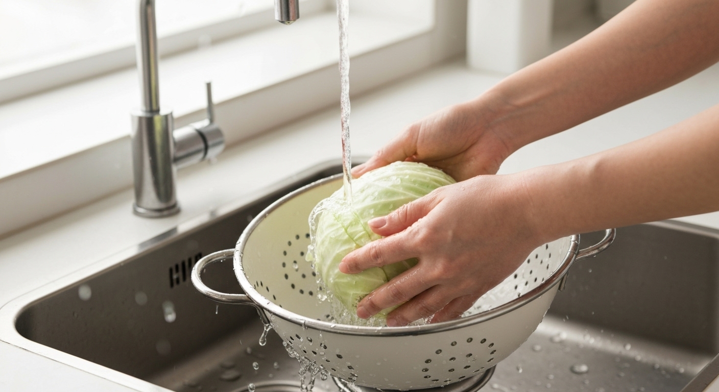 흐르는 물에 절임배추를 조심스럽게 헹구고 물기를 빼는 모습.