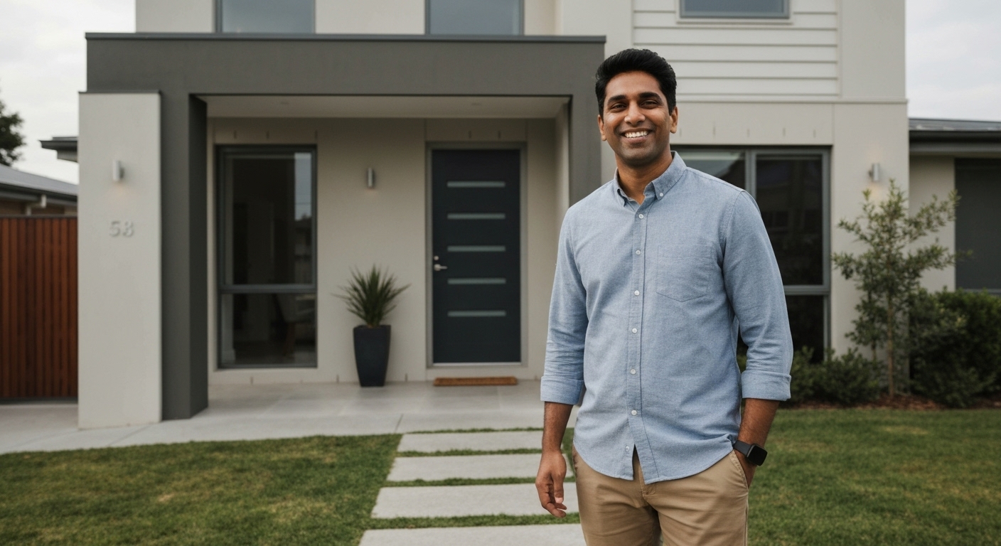 새로운 집 앞에서 만족스러운 표정으로 열쇠를 들고 서 있는 사람의 모습