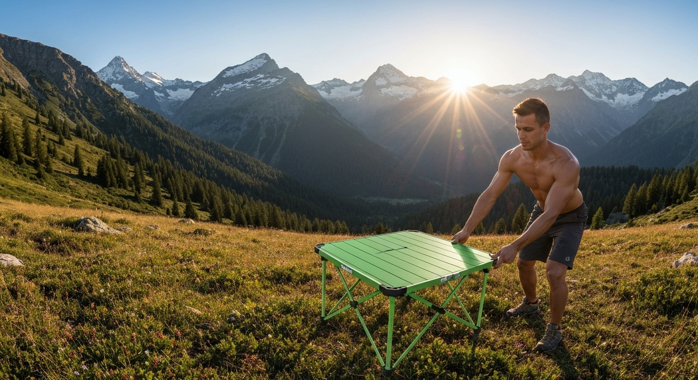 손바닥만 한 크기로 접히는 초경량 접이식 백패킹 테이블을 트레킹 환경에서 빠르게 설치하는 모습