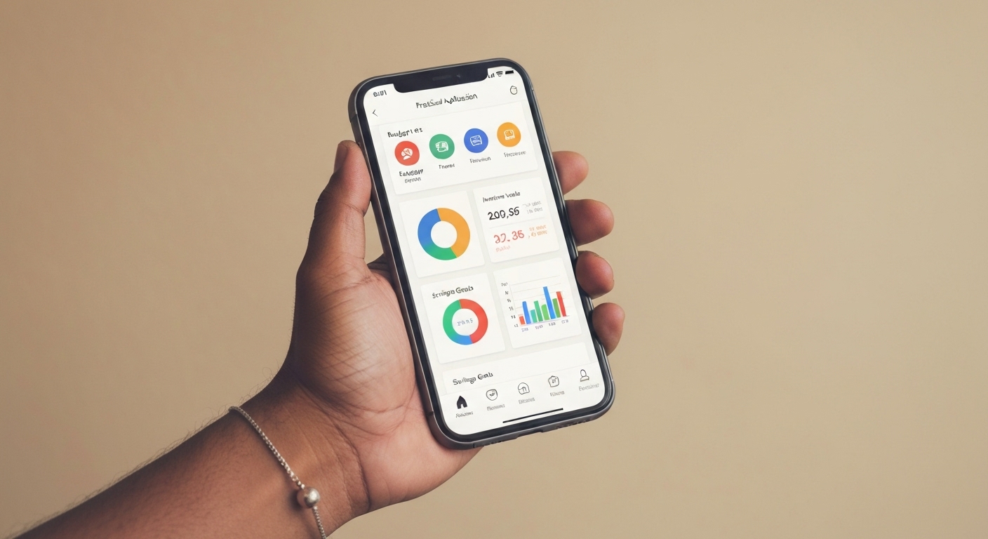 다양한 인종의 손이 현대적인 스마트폰을 들고 있으며, 예산 관리, 투자 추적, 저축 목표 등 재테크 앱의 실제 활용 모습을 보여주는 화면