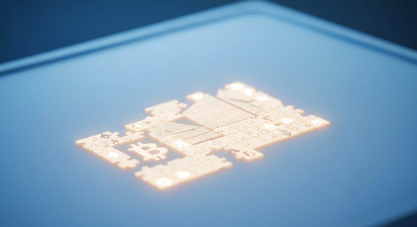 작은 조각들이 모여 명화나 현대 건축물 같은 고가 자산을 형성하는 모습. 소액으로 고가 자산에 투자하는 조각 투자의 혁신성을 시각적으로 표현합니다.