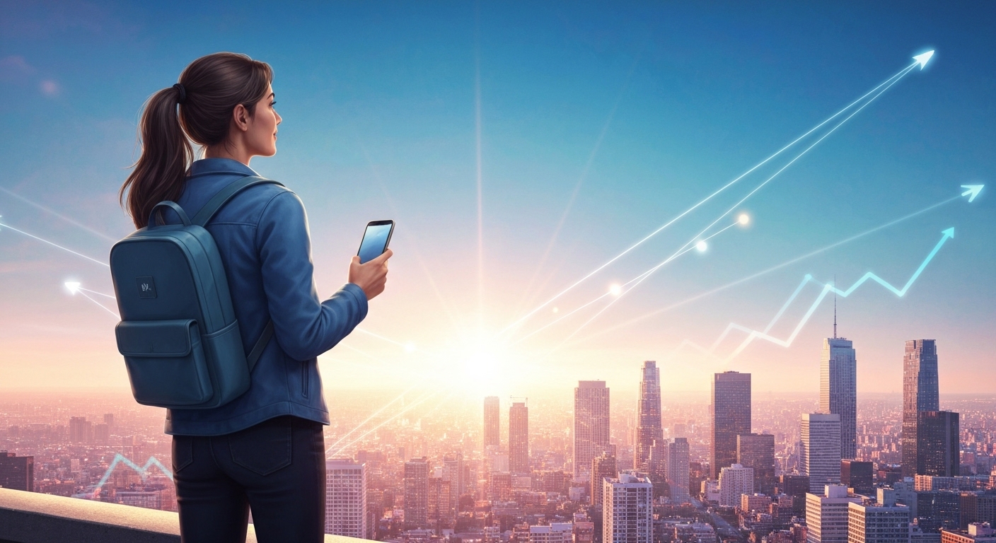 MZ세대가 앱테크와 부업을 통해 경제적 자유를 얻고 밝은 미래를 준비하는 모습을 담은 희망찬 이미지.