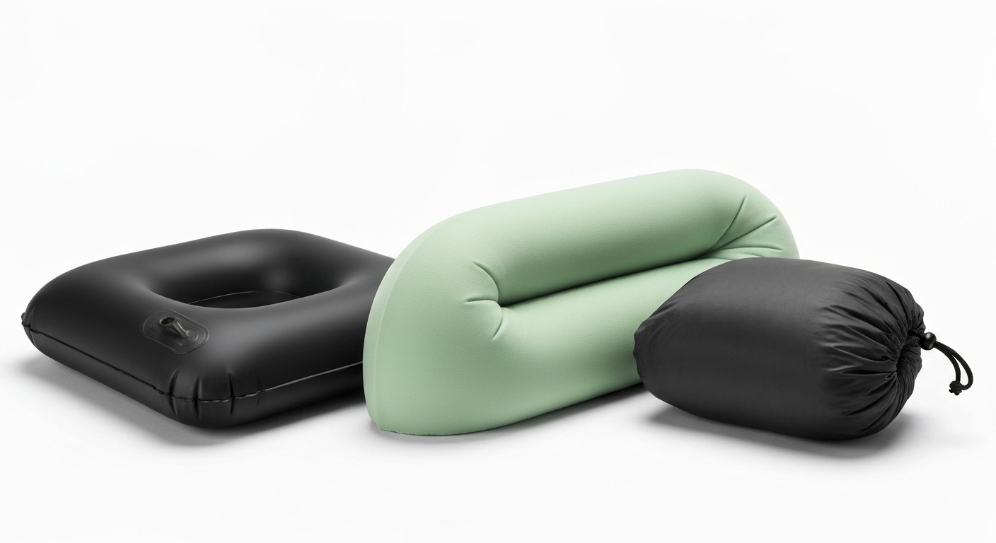 공기 주입식, 메모리폼, 수납형 등 다양한 종류의 캠핑 베개들을 비교하는 이미지