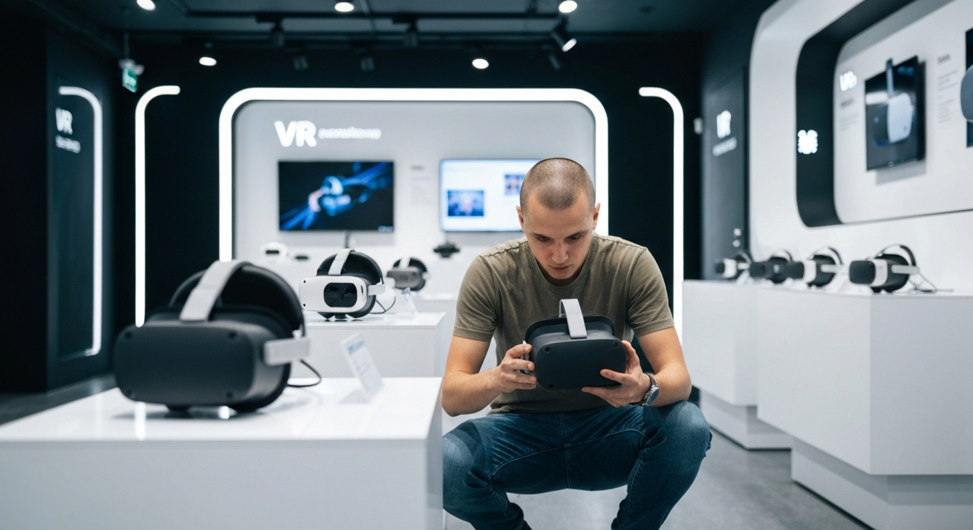 다양한 AR 글래스 모델을 신중하게 비교하며 디스플레이, 착용감, 가격 등 주요 선택 기준을 고려하는 사람의 모습