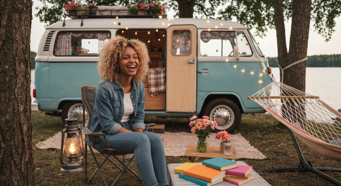 자신만의 스타일로 꾸며진 캠핑장에서 행복하게 휴식을 취하는 사람의 모습.
