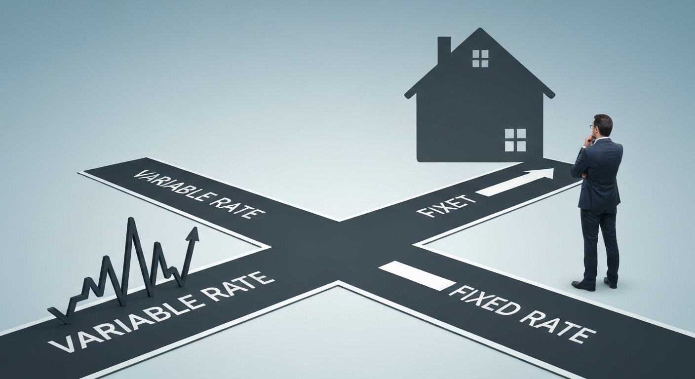 변동금리와 고정금리 중 어떤 것을 선택할지 고민하는 사람의 모습, 안정적인 길과 변화무쌍한 길을 나타냄