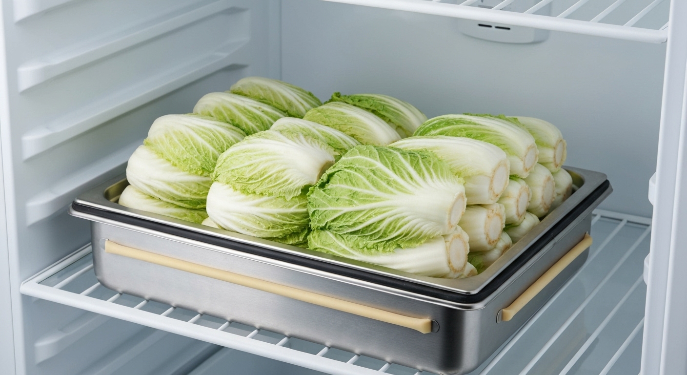 신선하게 보관된 절임배추가 김치통에 담겨 냉장고에 있는 모습.