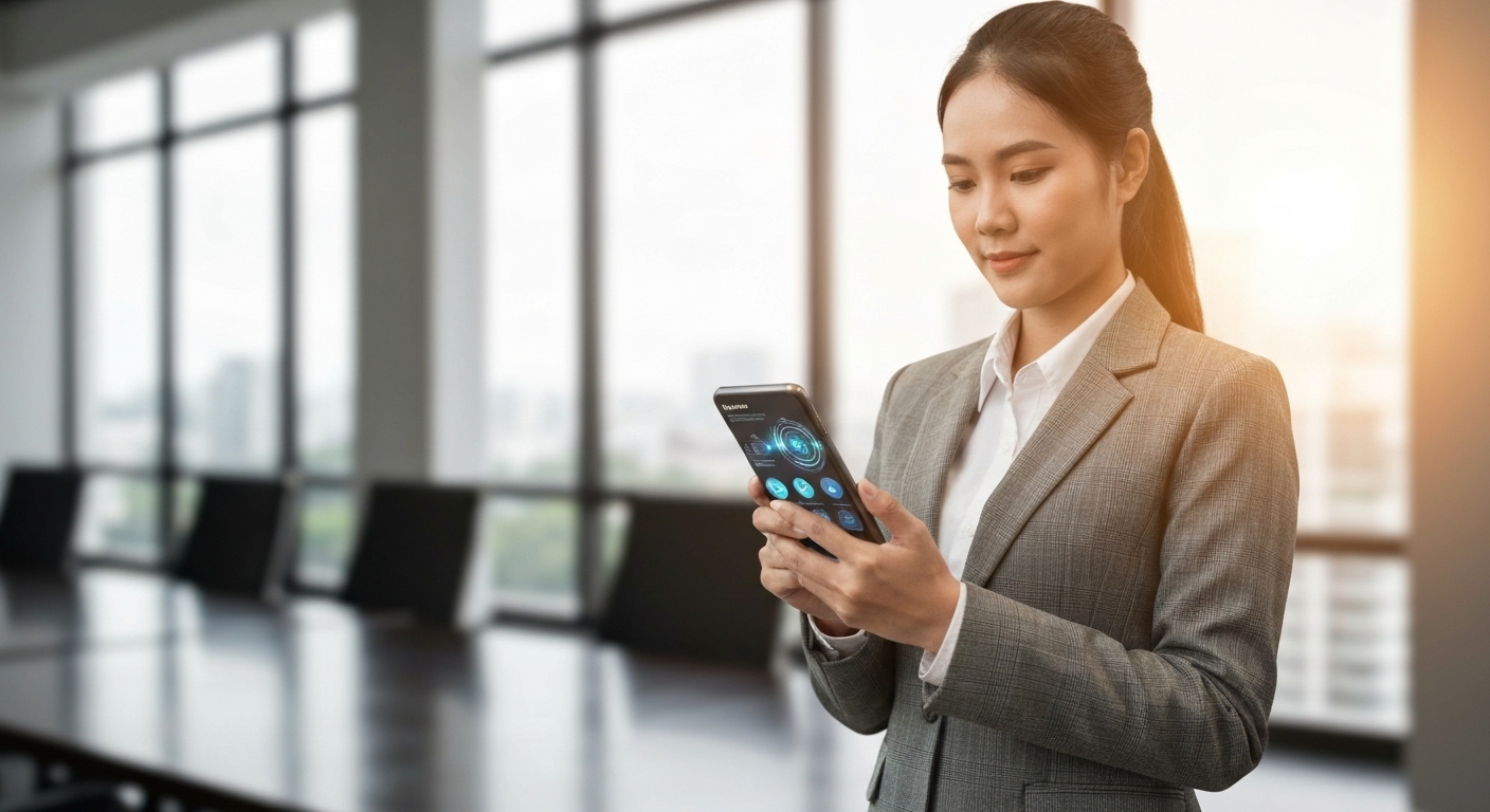 다양한 인종의 전문적인 모습의 사람이 스마트폰으로 금융 대시보드를 보고 있는 모습. 미래지향적인 금융 앱 화면이 스마트한 재테크를 강조한다.