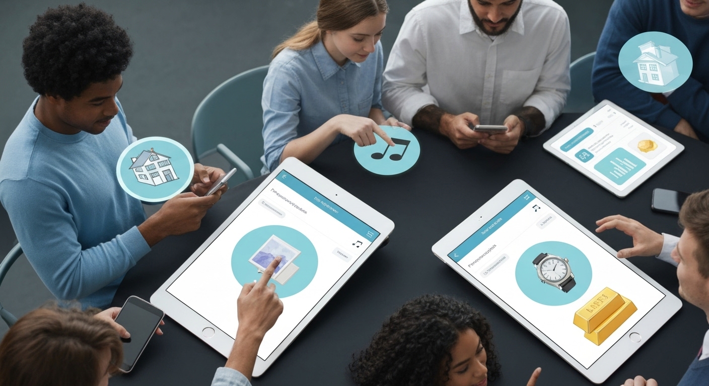 스마트폰과 태블릿을 통해 부동산, 음악 저작권, 미술품, 명품, 금 등 다양한 조각 투자 플랫폼에 접근하는 MZ세대 투자자들의 모습.