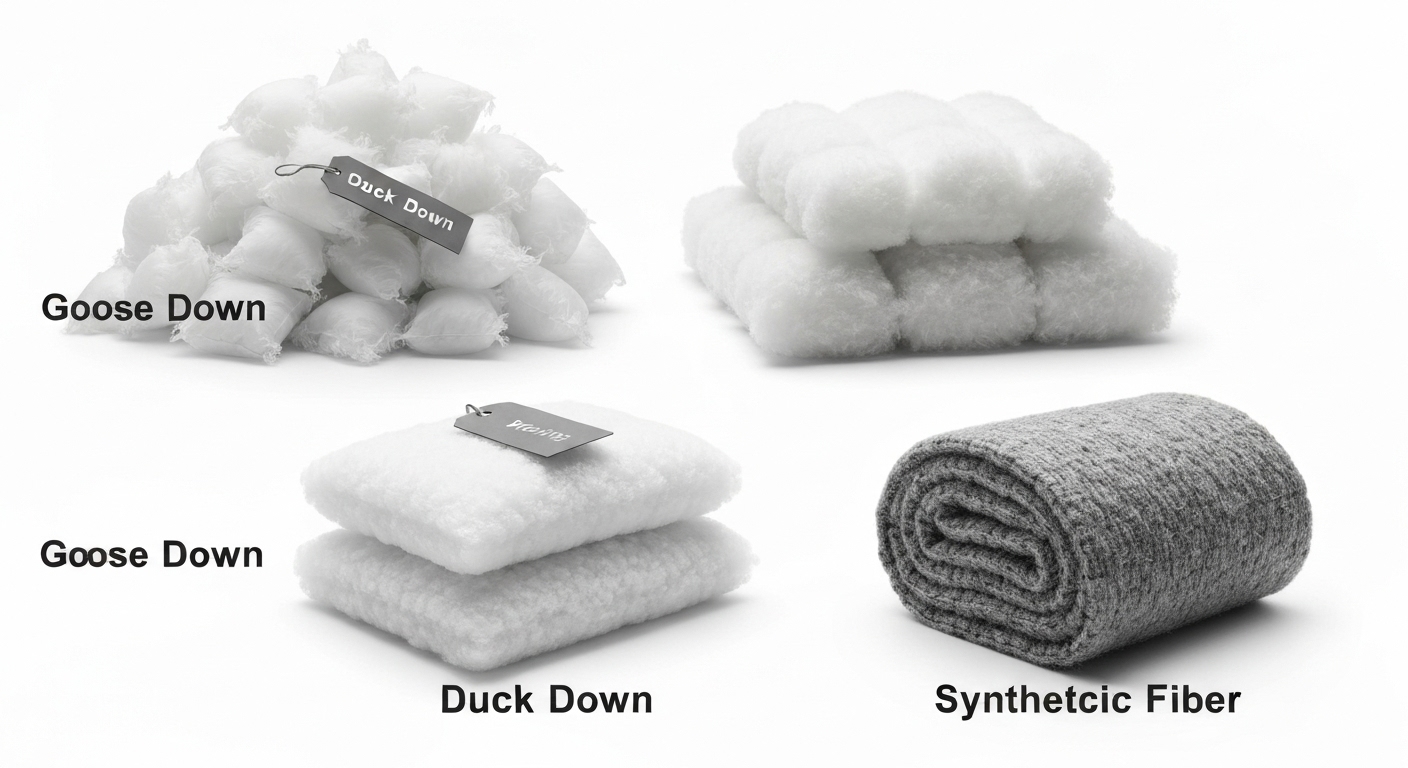 구스다운, 오리털, 합성솜 침낭 충전재를 비교하는 이미지