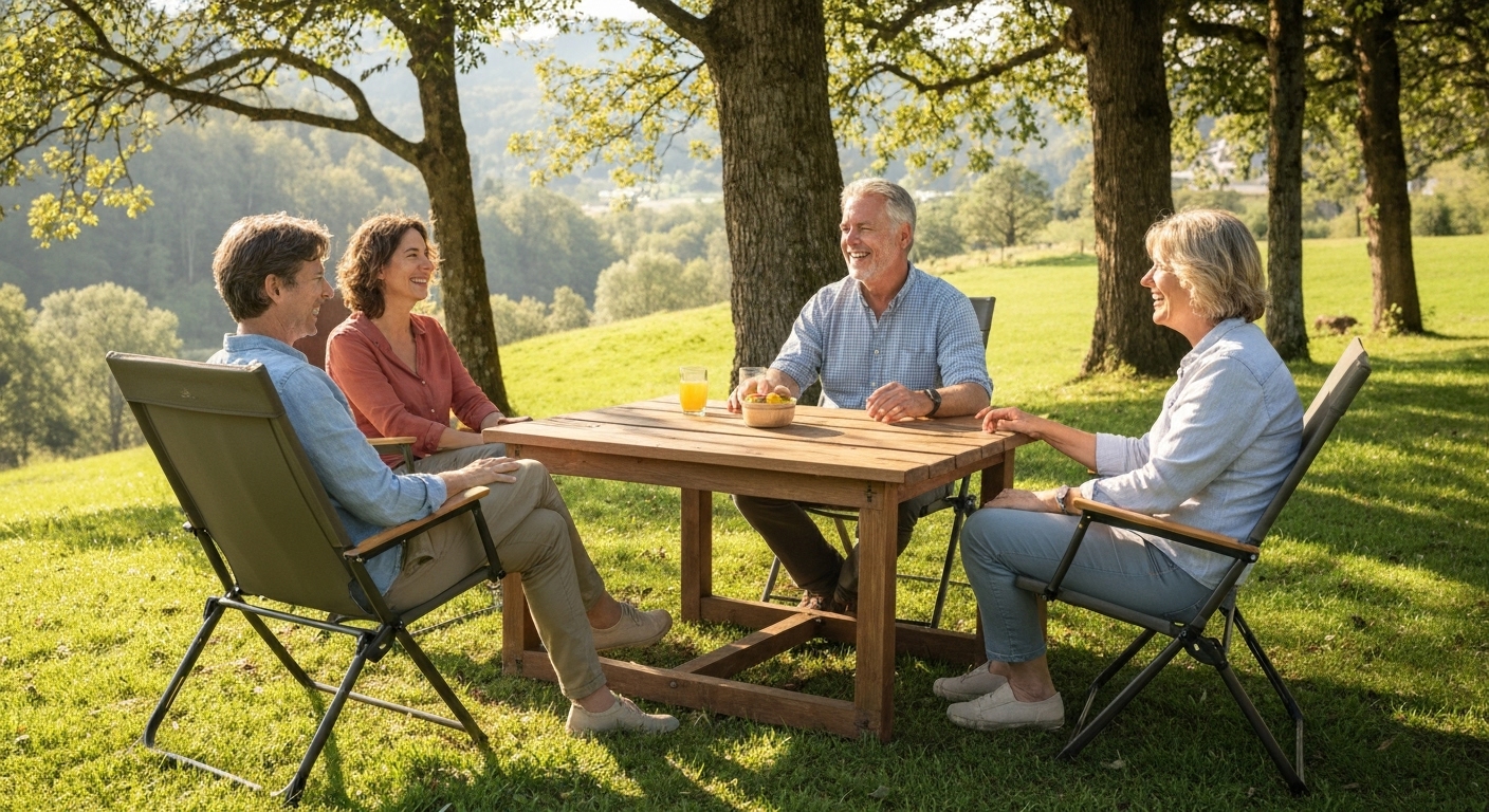 잘 선택된 편안한 캠핑 장비와 함께 아름다운 자연 속에서 즐거운 시간을 보내는 행복한 사람들