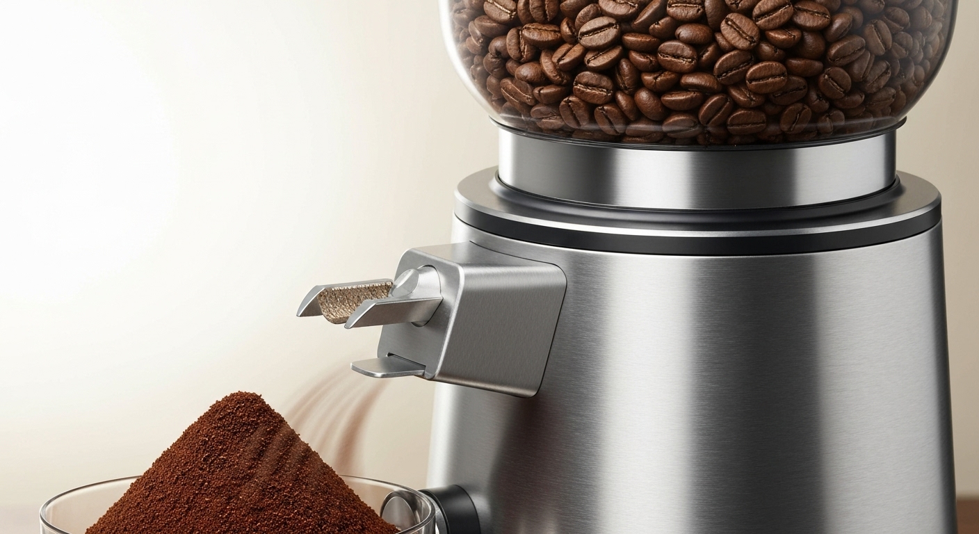 원두가 담긴 호퍼와 미세하게 분쇄된 커피 가루가 보이는 현대적인 전동 버 커피 그라인더.