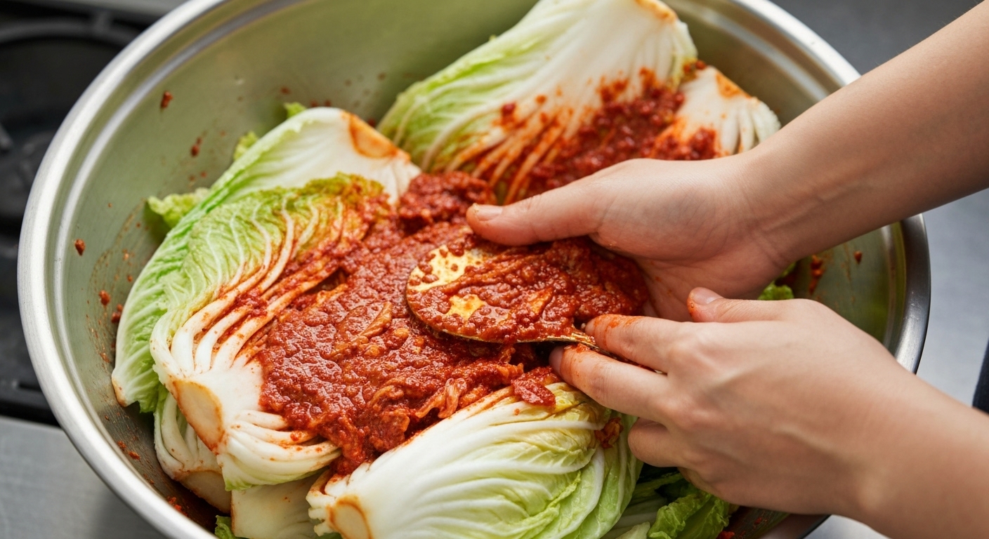 김장 양념을 절임배추에 골고루 버무리는 손의 모습.