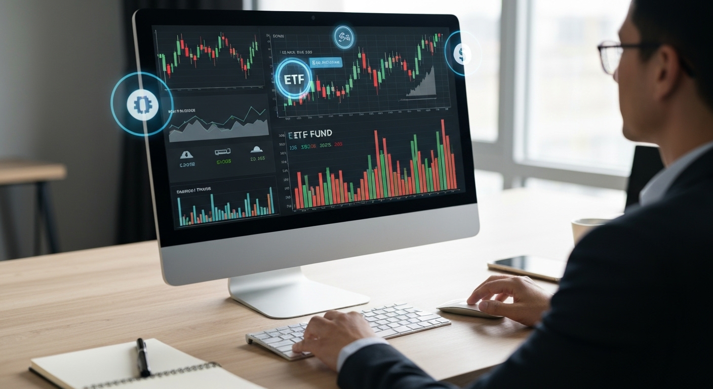 예금, 펀드, 주식, ETF 등 다양한 금융 상품과 투자 전략을 보여주는 컴퓨터 화면을 응시하며 금융 계획을 세우는 사람의 모습