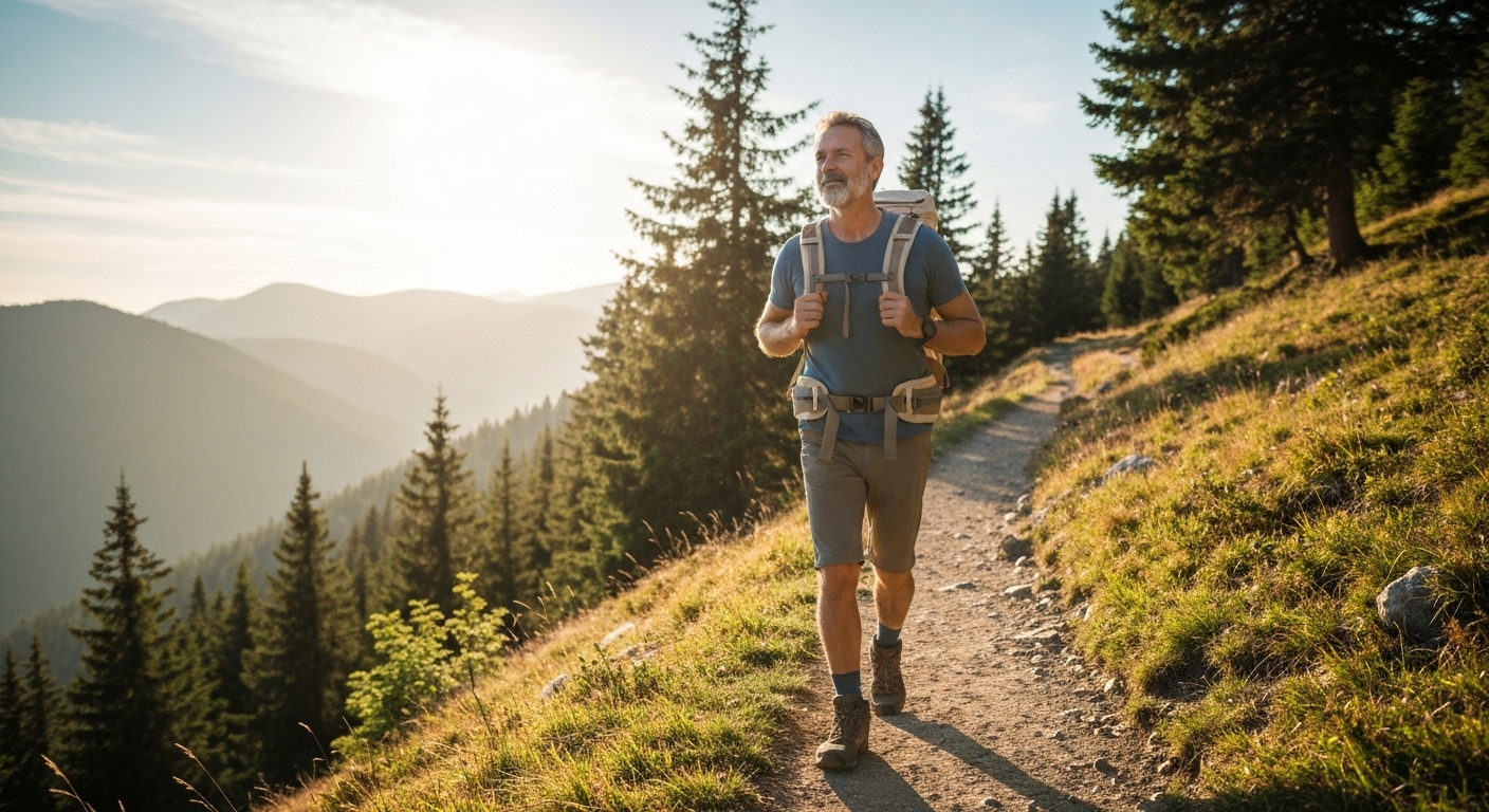가벼운 배낭을 메고 경치 좋은 산길을 힘들이지 않고 걷는 하이커의 모습