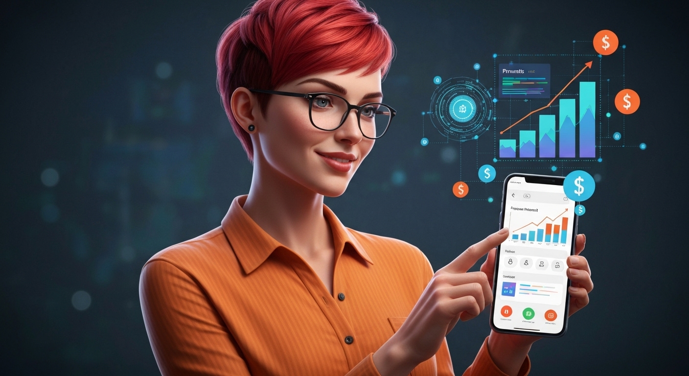 스마트폰으로 핀테크 앱을 사용하는 MZ세대 청년이 소액 투자를 통해 자산을 불려나가는 모습을 시각적으로 표현한 이미지