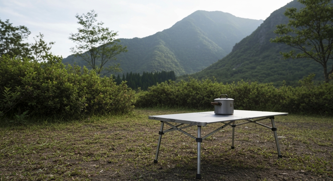견고한 두랄루민 구조의 세련된 디자인 백패킹 테이블이 미니멀 캠핑 장면에 놓여 있는 모습