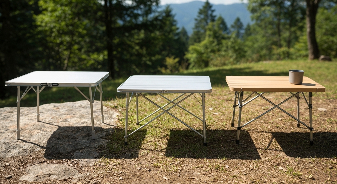다양한 스타일의 가벼운 백패킹 테이블 세 가지가 나란히 놓여 있는 모습