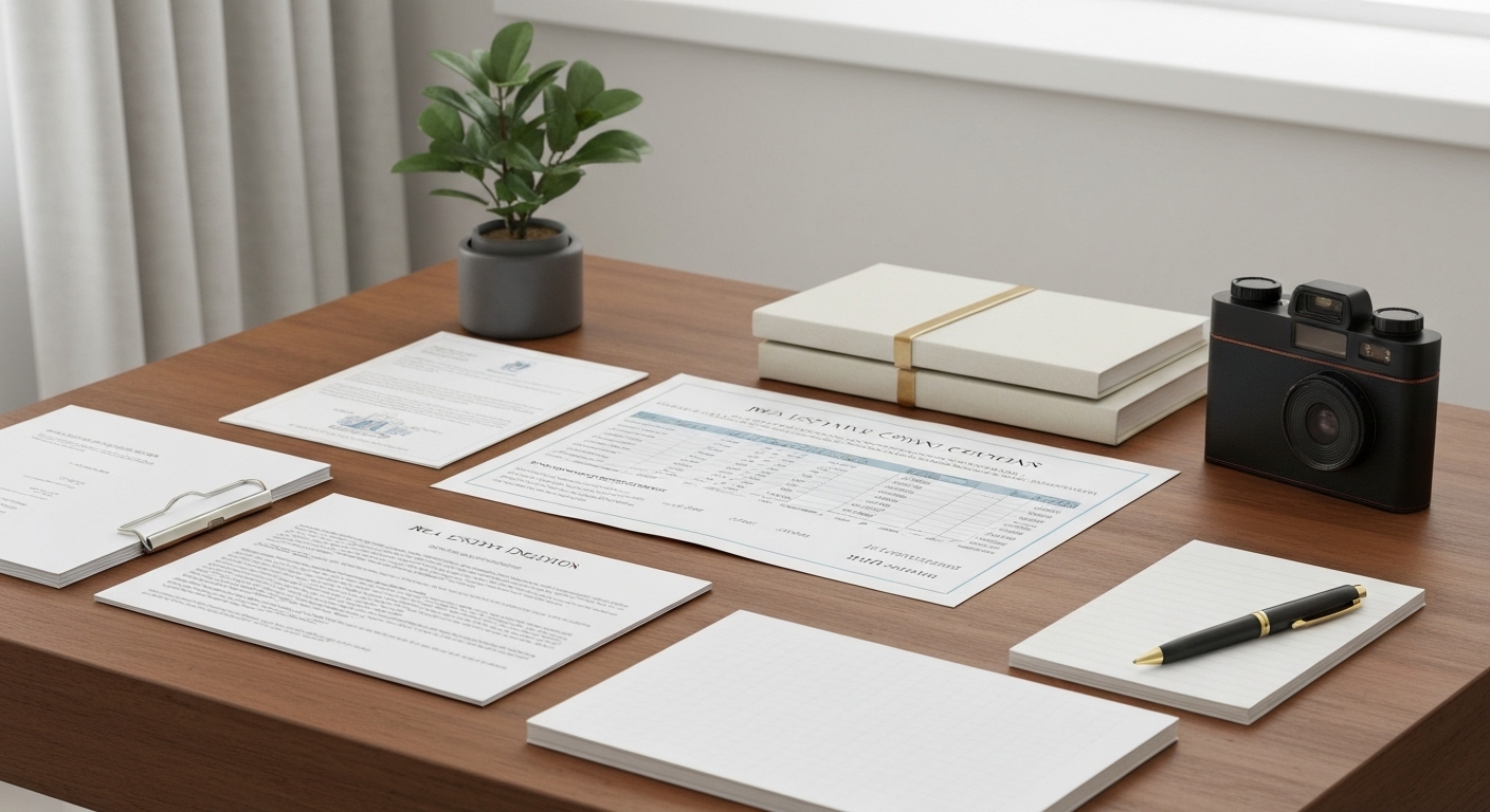 부동산 등기부등본, 재무제표, 가족관계증명서 등 세무 상담에 필요한 서류들이 깔끔하게 정리된 책상