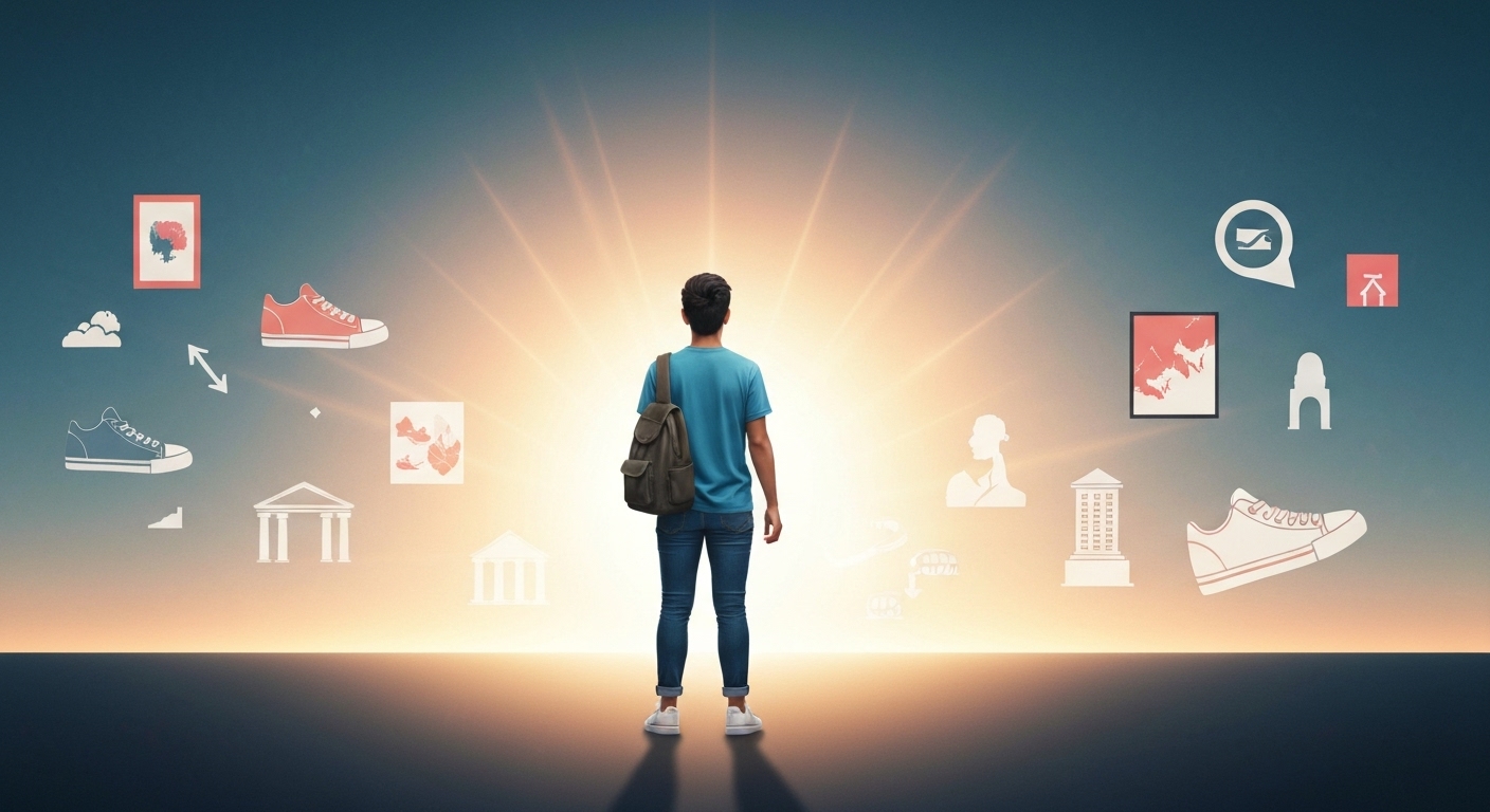 밝고 희망찬 분위기 속에서 자신감 넘치는 MZ세대가 미래를 바라보는 모습. 배경에는 스니커즈, 미술품, 건물 등 다양한 투자 자산의 상징들이 어우러져 재정적 독립과 현명한 대안 투자를 나타냅니다.